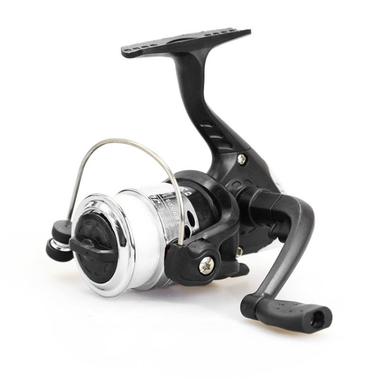 Silver-spool spinning fishing reel with black handle and bail arm, JL200 style
