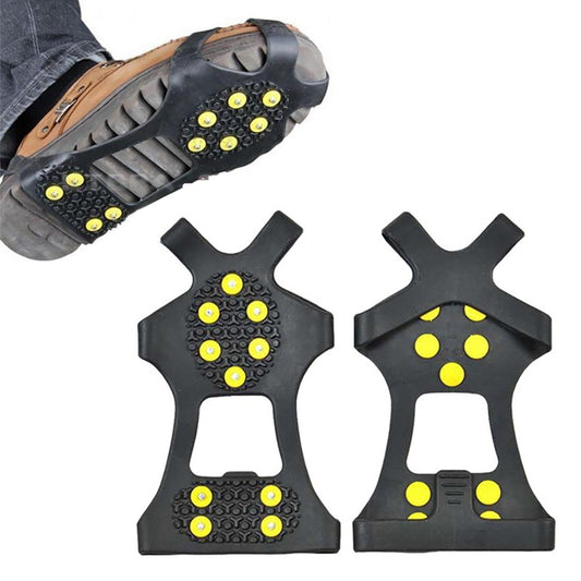 Black ice shoe traction covers with yellow stud grips, two-piece set with tread close-up