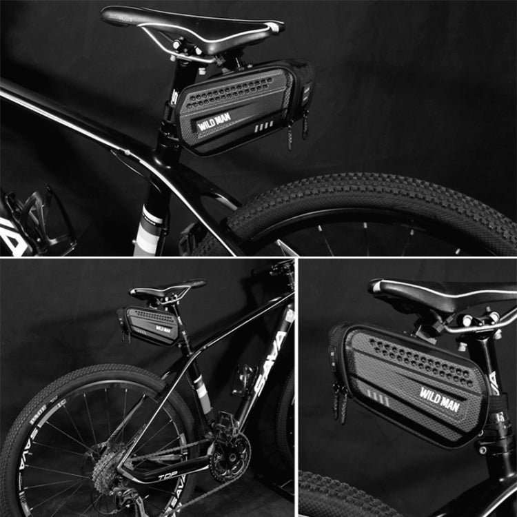 Black front bicycle frame bag mounted on bike; side and front views for placement