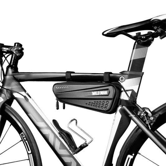 Black bicycle triangle frame bag mounted on the bike frame with fastening straps