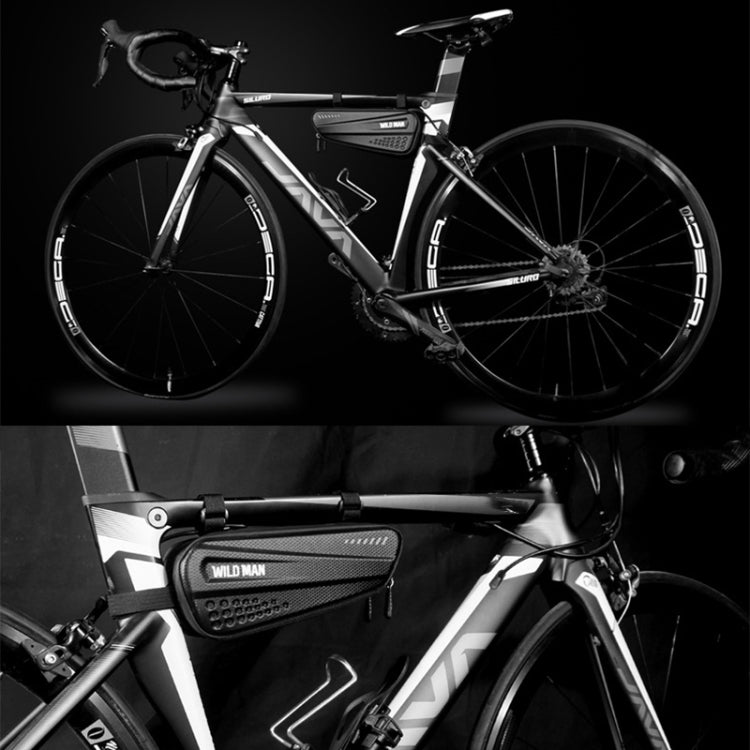 Black bicycle triangle frame bag installed on a road bike frame with straps