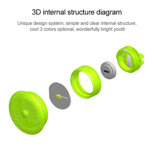 Green clip-on safety light with internal parts, exploded view diagram