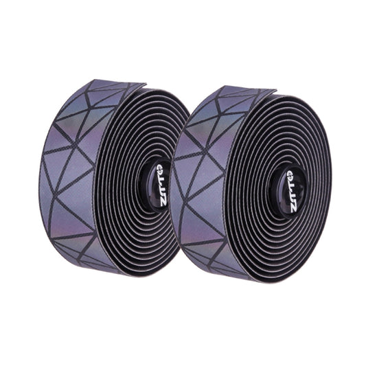 Road bike bar tape pair, purple geometric wrap with black spiral backing and caps
