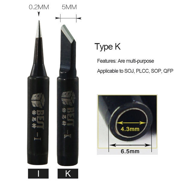 Pair of soldering tips with conical and chisel shapes plus size diagram labels