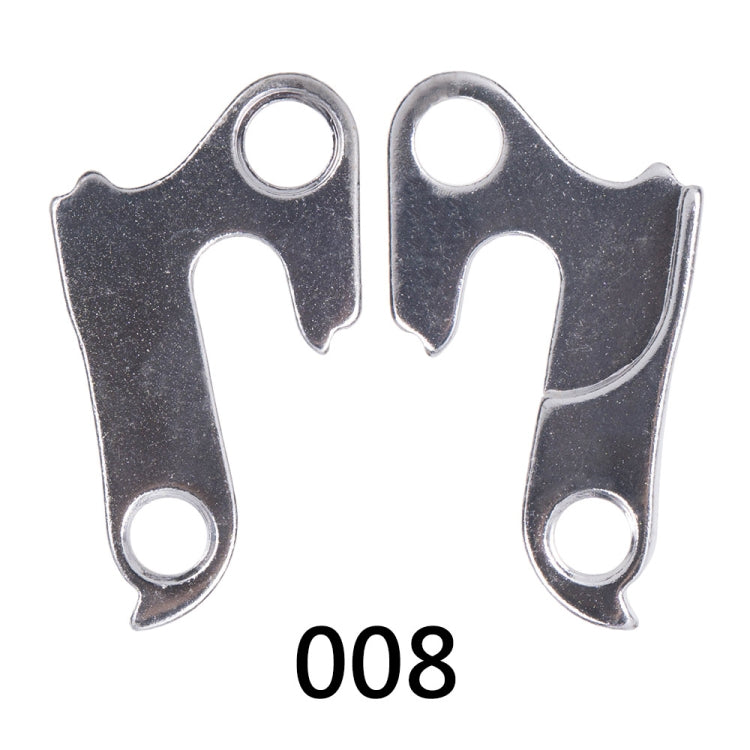 Alloy rear derailleur tail hook pair, dark metal tabs with holes, 008
