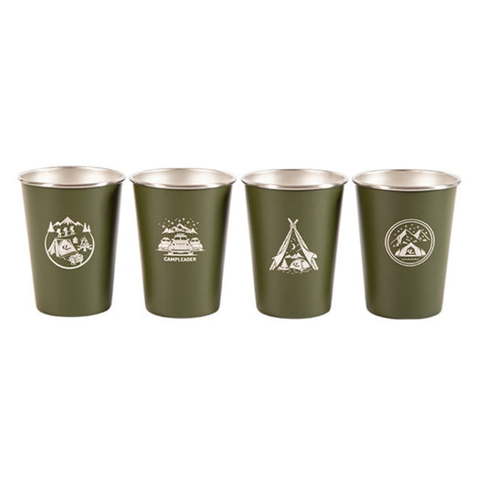 4-piece folding stainless steel water cup set in army green with camping emblems