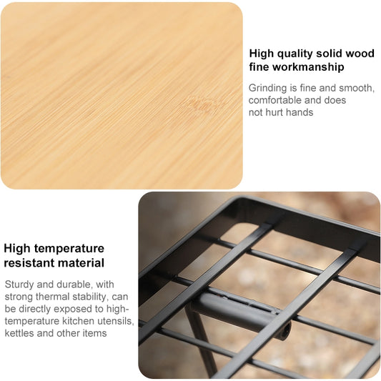 Folding outdoor table with light wood tabletop and black metal mesh frame