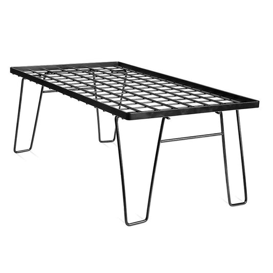 Folding outdoor mesh table with black metal legs and grid tabletop