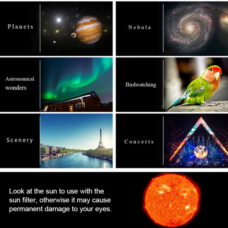 Telescope use-cases collage showing planets, nebula, aurora, scenery, and concerts