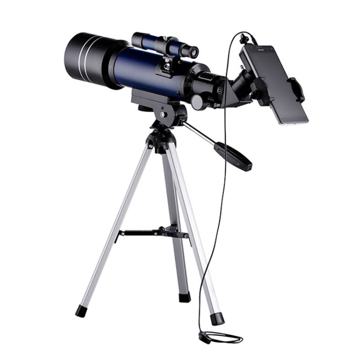 Blue astronomical telescope with tripod and phone fixing clip