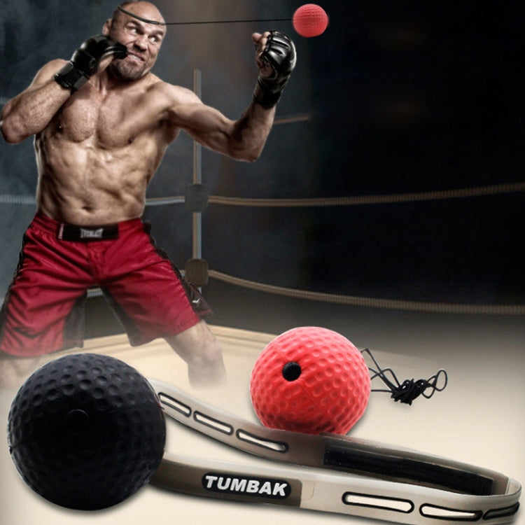 Head-mounted boxing ball trainer with front red ball and side black ball on elastic band