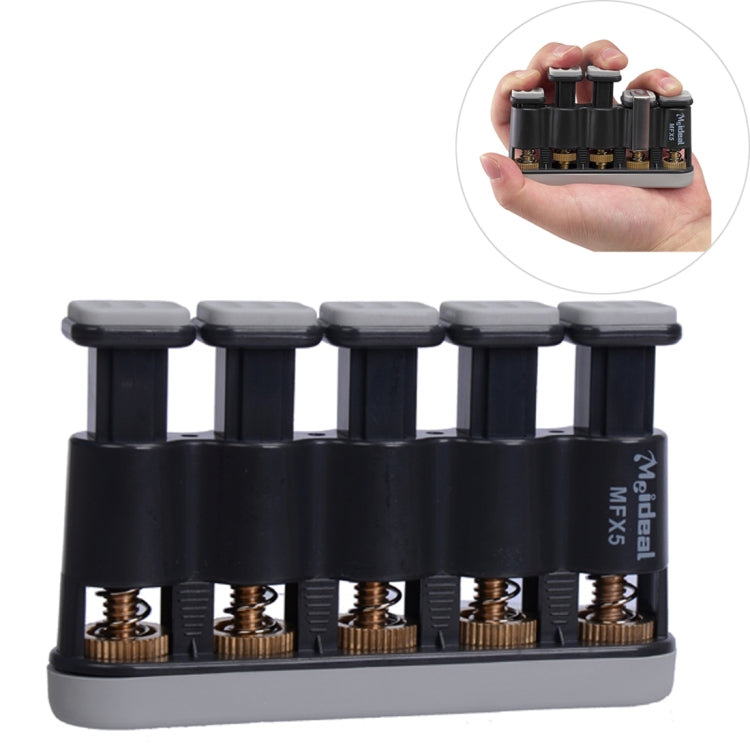 Grey finger palm exerciser with five padded tension posts and adjustable knobs