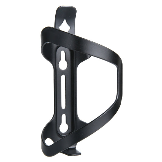 Black aluminum bicycle bottle cage with contoured sides and two elongated lightening slots