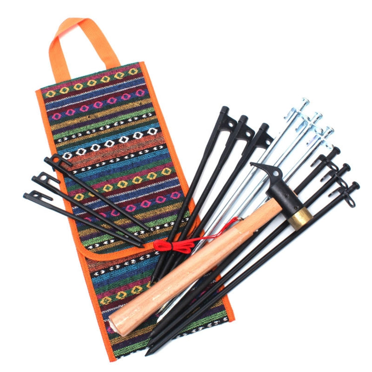 Tent nail pegs and hammer set in orange patterned storage pouch with handle