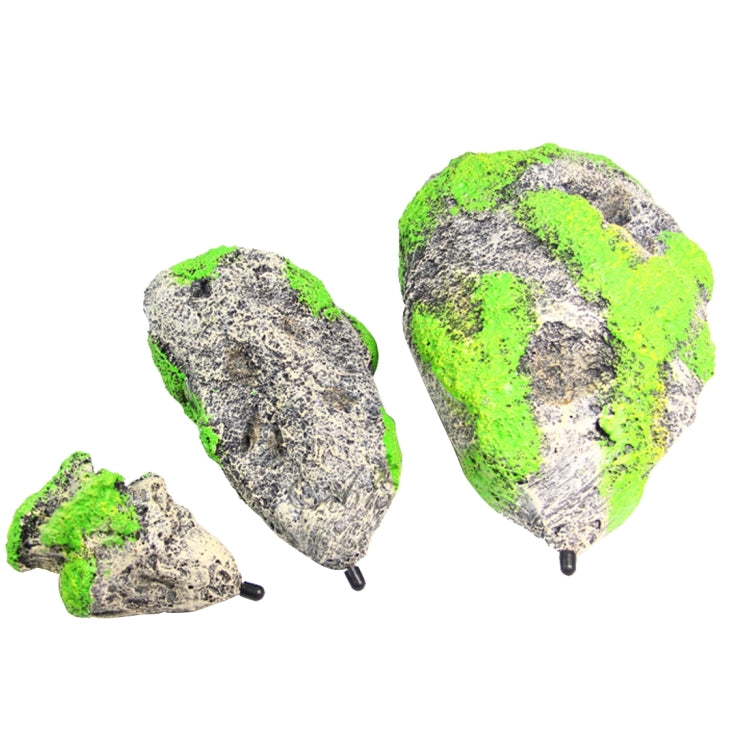 Assorted floating aquarium stones, gray rock with green moss and black suspension bases