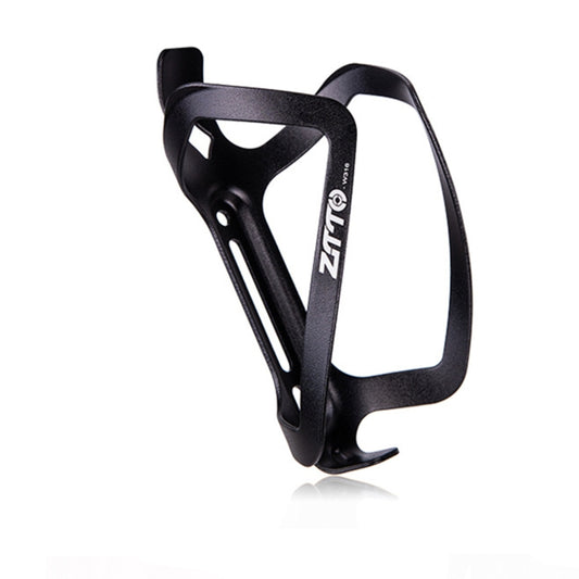 Black aluminum bicycle water bottle cage, ZTTO side view with bottle opening