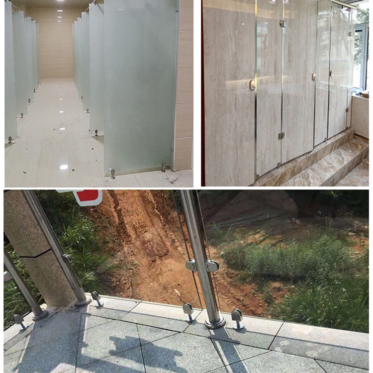 Stainless steel glass support clips and rods with round bases, installed on exterior patio