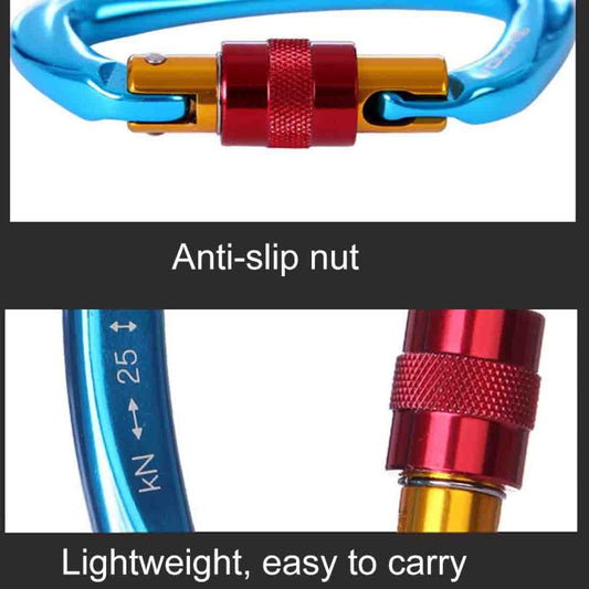 XINDA D-shaped climbing carabiner, blue body with red locking sleeve and yellow gate insert
