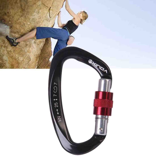 XINDA D-shaped climbing carabiner, black body with red locking sleeve and metal gate