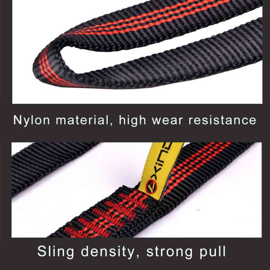 Climbing sling webbing close-up with black weave and red contrast stitching