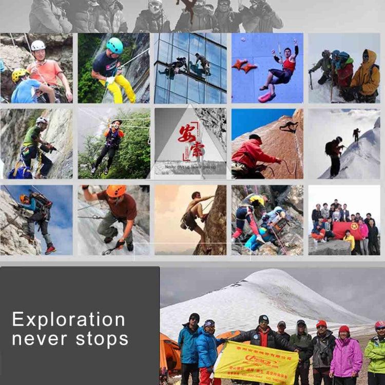 Climbing sling (not visible), background collage of mountaineering scenes