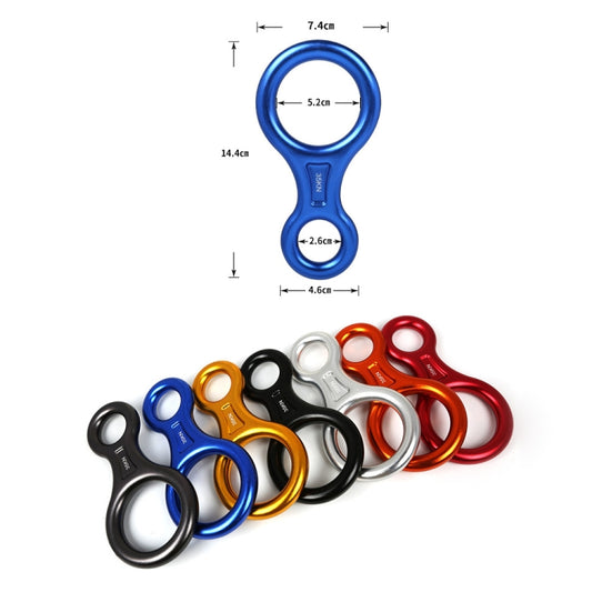 Figure 8 belay/descender set in multiple colors with size diagram