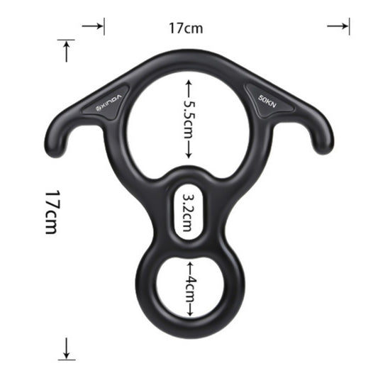 XINDA figure 8 descender belay device, black shown with size dimensions