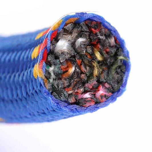 Blue climbing static rope end showing dense woven strands with multicolor threads