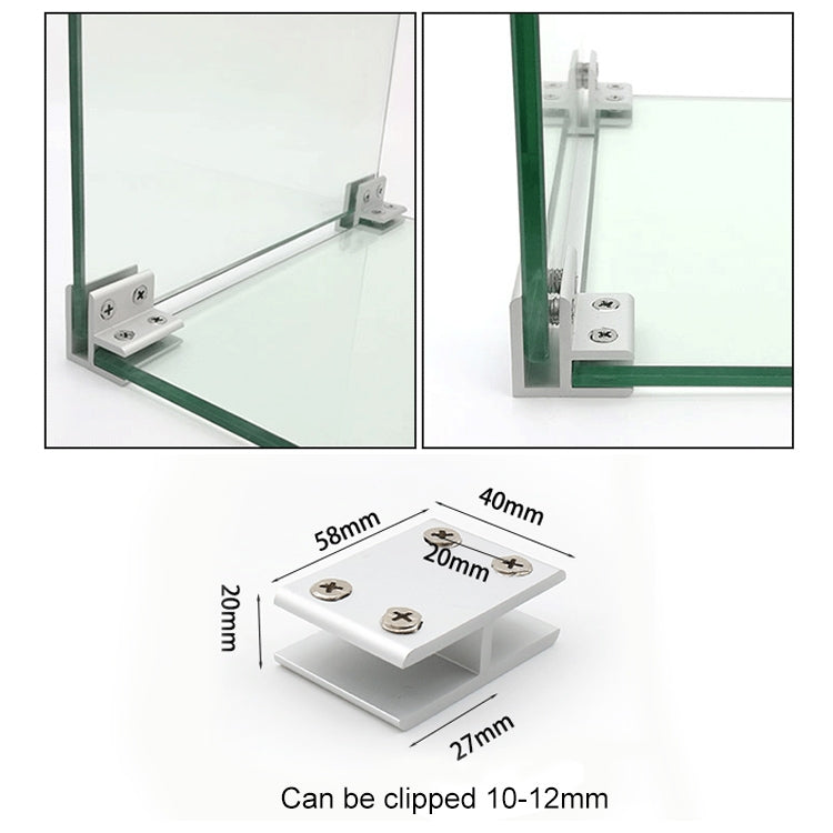 Corner glass partition clamp securing 10–12mm panels, angled bracket with screws