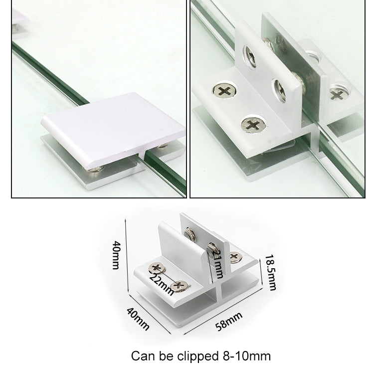 Aluminum T-type glass clamp with screw holes, clips 8–10mm glass, white bracket