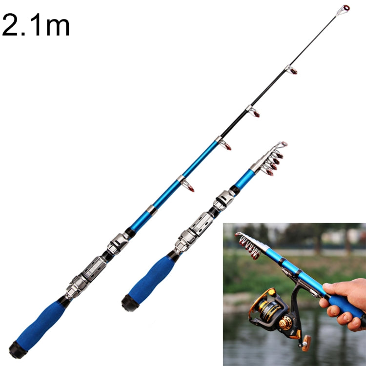 Telescopic sea fishing rod with blue handle and black sections, 2.1m extended length