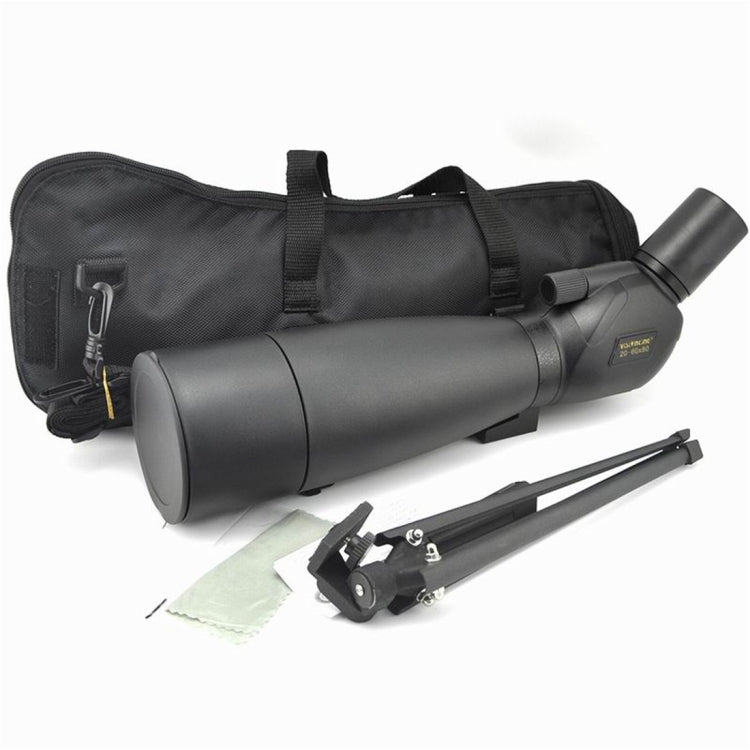 Black spotting scope with carry case, tripod legs, and lens cap accessories