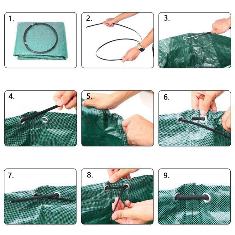 Green 120L garden waste bag accessory steps showing rings, ties, and hook setup