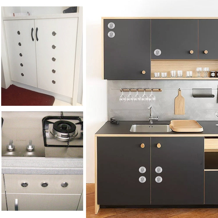 Set of round stainless steel cabinet air vent grille covers installed on cabinet doors