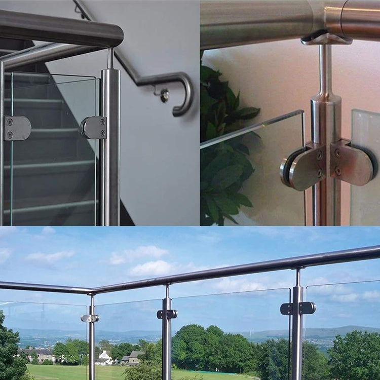 Stainless steel glass railing corners with fixed clip brackets and clear glass panel supports