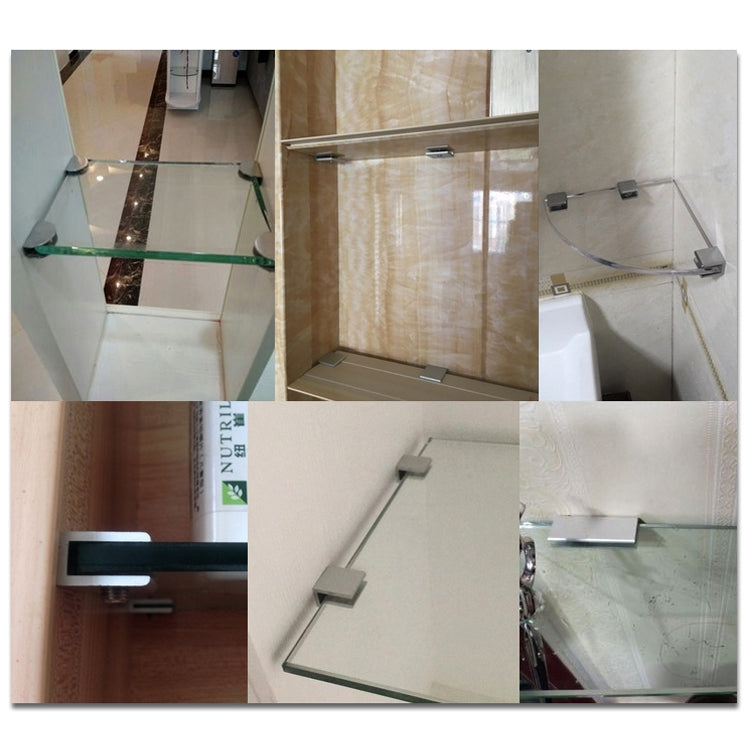 Metal clips securing glass panel in bathroom shower, aluminum single-hole style