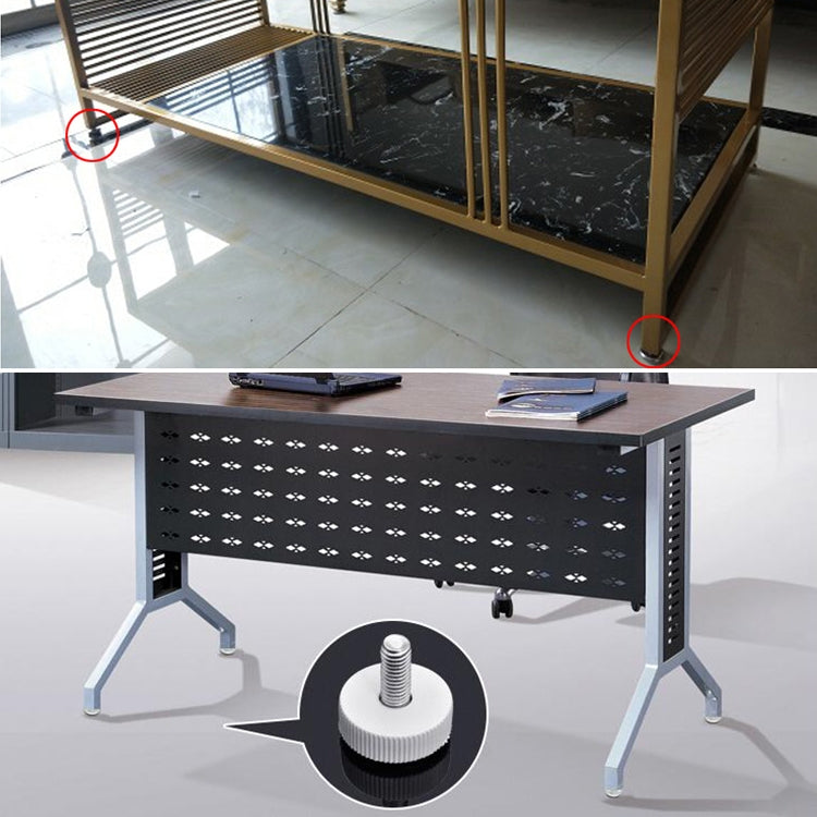 Furniture support feet with black rubber pads and galvanized threaded screws at corners