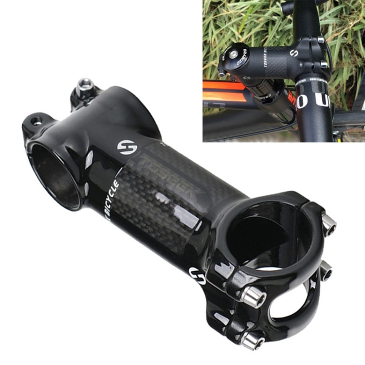 Black glossy bike handlebar stem riser with carbon-fiber look and clamp bolts