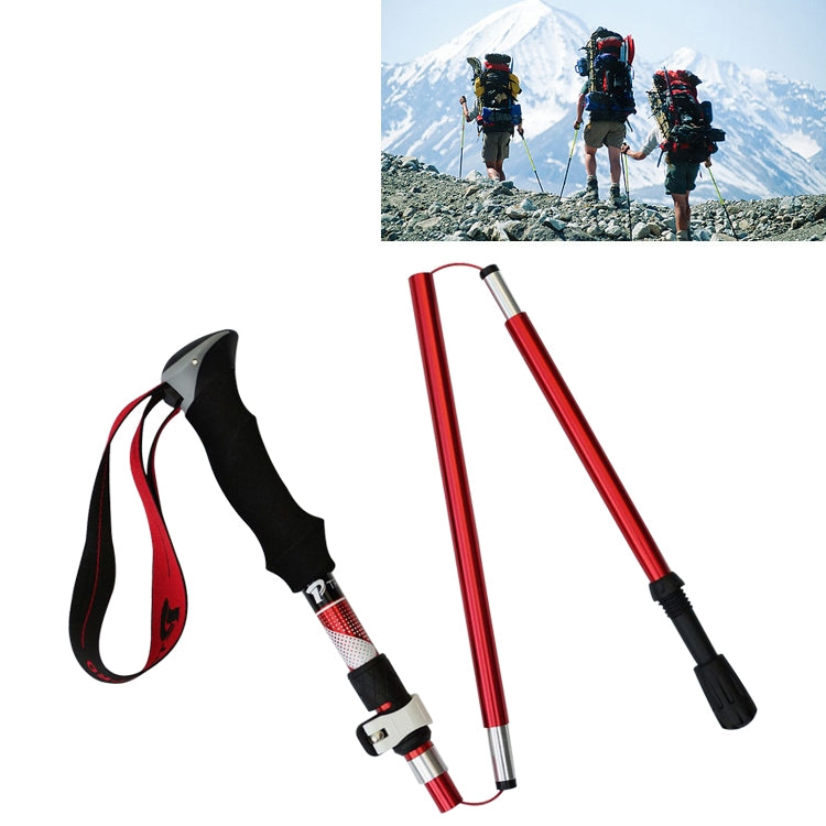 Foldable trekking poles with red aluminum shafts and black grip, 5-section design