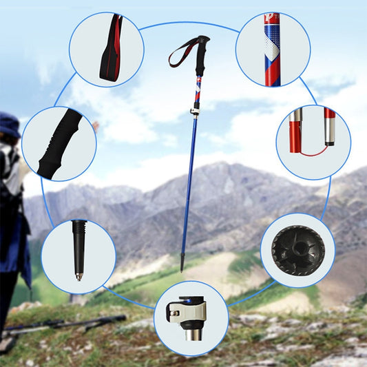 Collapsible trekking pole with black tip, multi-section shaft, and black grip handle