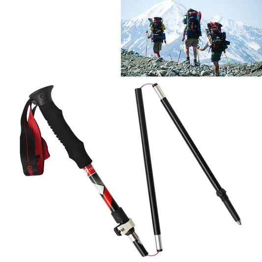 Folding trekking pole set with black handle grips and red-white striped shaft, 5 sections