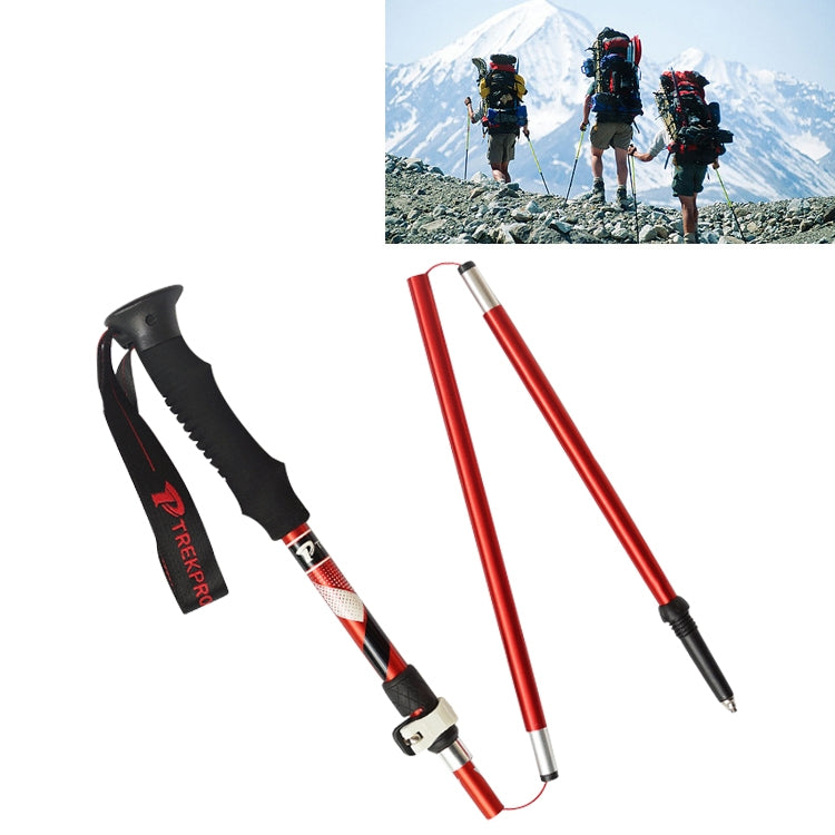 Folding trekking poles with red aluminum shafts, black grips and wrist straps
