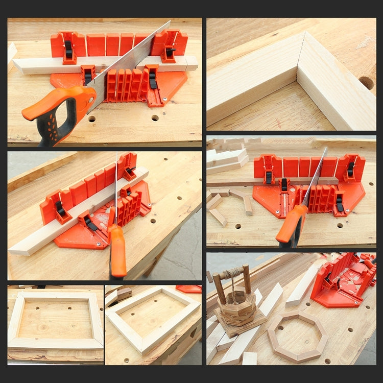 Orange miter box jig for corner miter cuts with fence and clamping rails