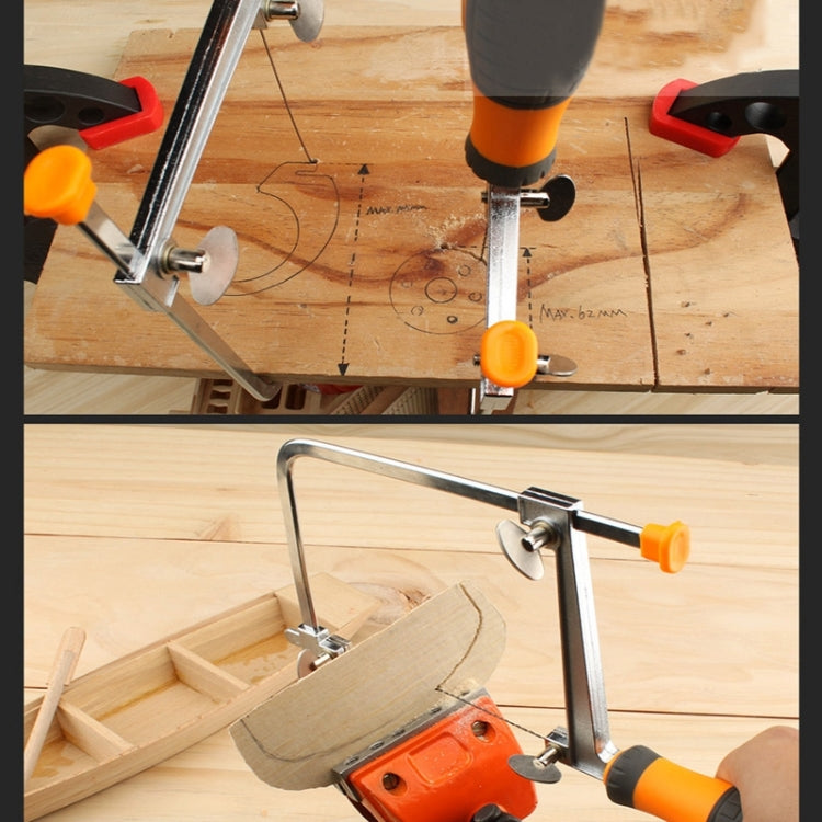 U-shaped hacksaw used on wooden board with orange handle, clamp base, and blade frame