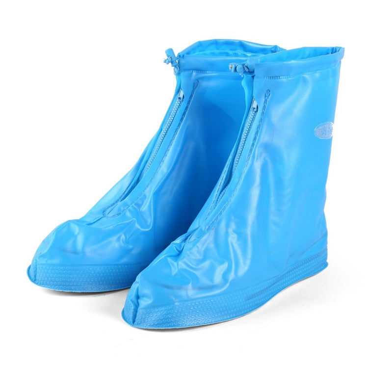 Kids PVC waterproof shoe covers, blue, zip front, grippy textured non-slip sole