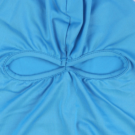 Blue balaclava head mask close-up, stitched dual eye openings