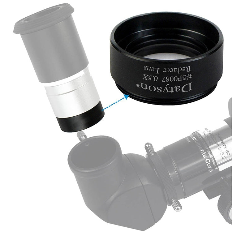 Datyson 0.5X reducer lens attached to telescope with threaded connection