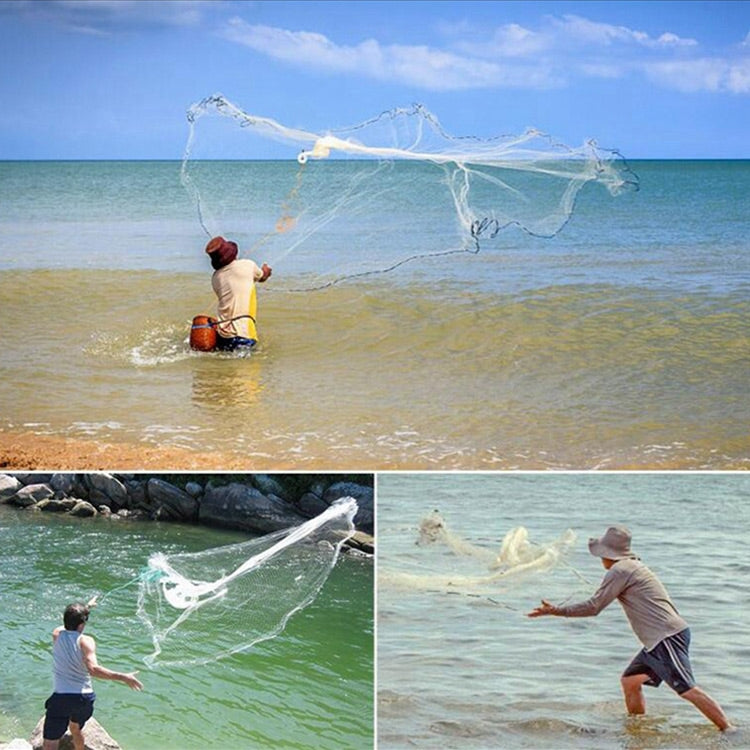 White throw net with mesh lines and hoop for casting