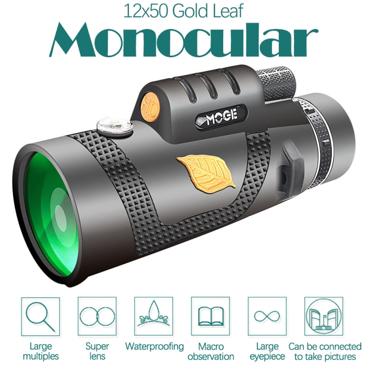 12x50 monocular telescope with green lens, gold emblem, and textured gray-black body