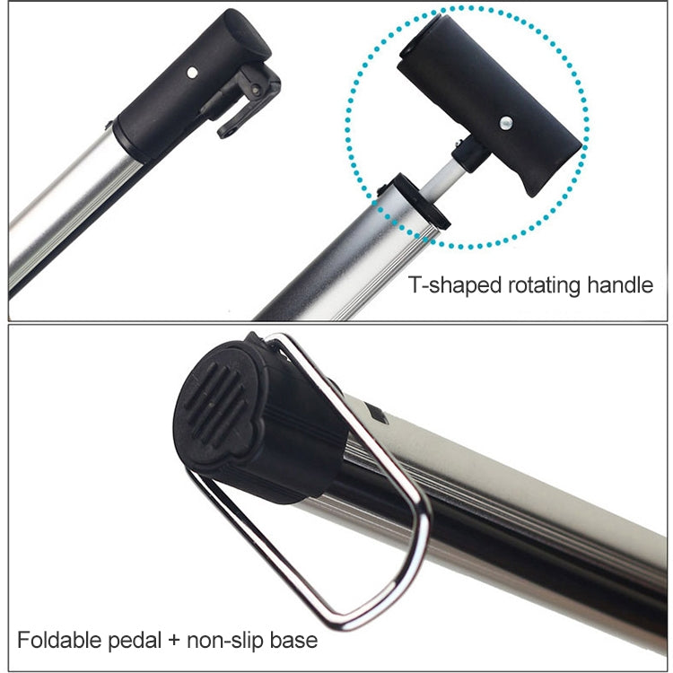 Bicycle air pump connected to tire valve with black head and silver aluminum cylinder